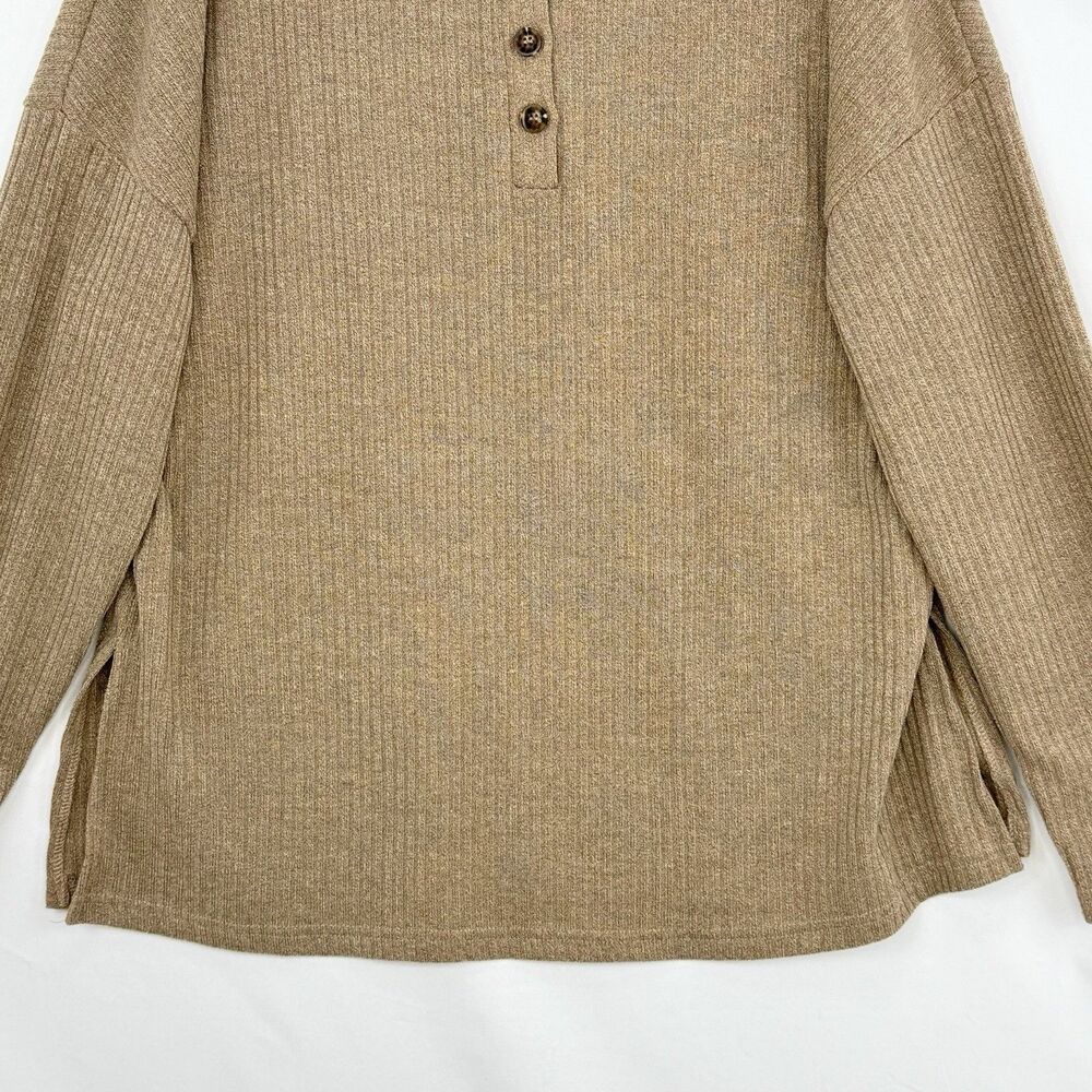 Womens Pale Khaki Rib Textured Henley Knit Top Size XL Long Sleeve Button - Picture 12 of 16